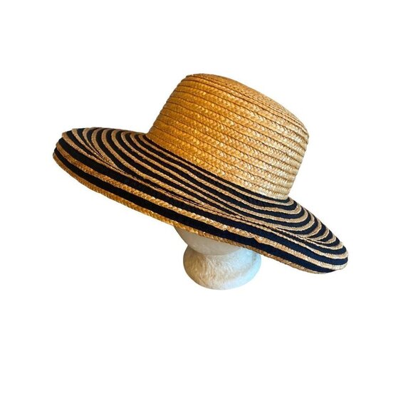 Classic Straw Beach Sun Hat Wide Black Striped Brim One Size - Picture 3 of 5